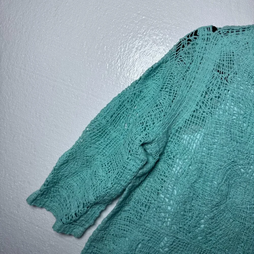 Soft Surroundings Womens Medium Aqua Blue Crochet Boho Pullover Top 3/4 Sleeve